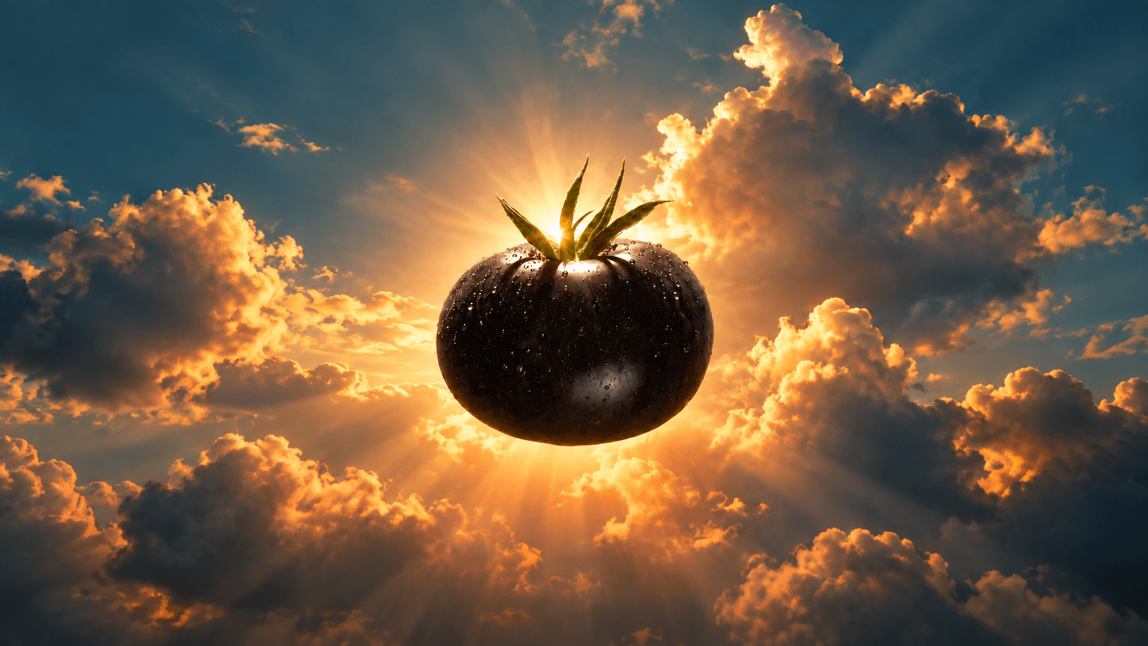 A tomato glowing like a sun in a cloudy sky
